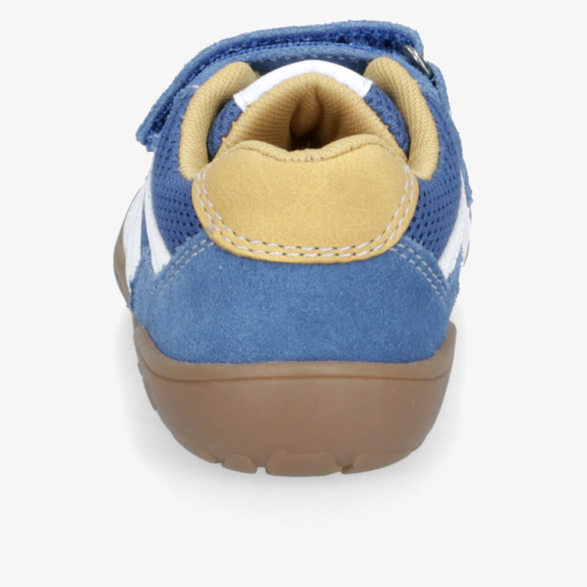 Rückansicht eines bequemen blauen und beigen Schuhs mit gepolstertem Kragen und rutschfester brauner Sohle