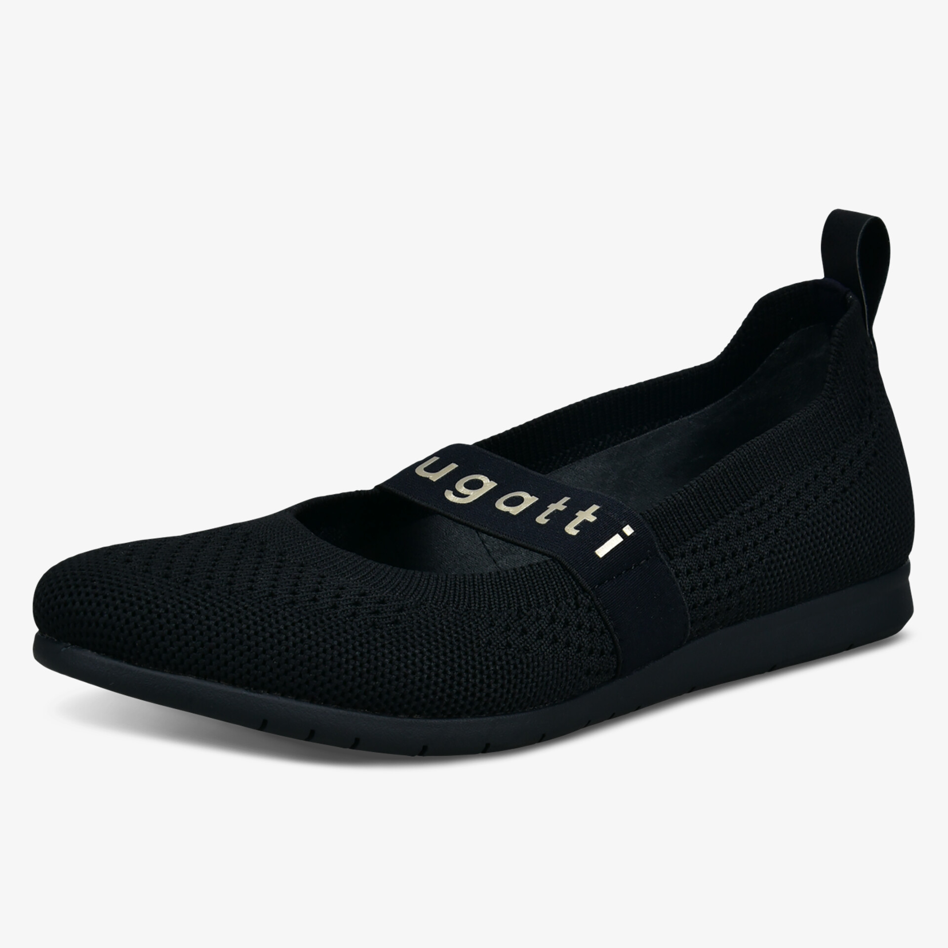 Eleganter schwarzer Slipper mit elastischem Band und Logo, ideal für lässige Outfits.