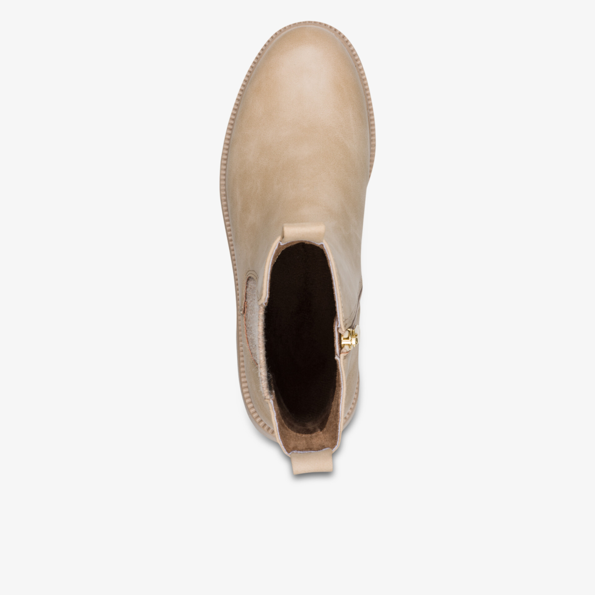 Obere Nahaufnahme einer bequemen, schlicht gestalteten Stiefelette mit weichem Material und leichtem Einstieg