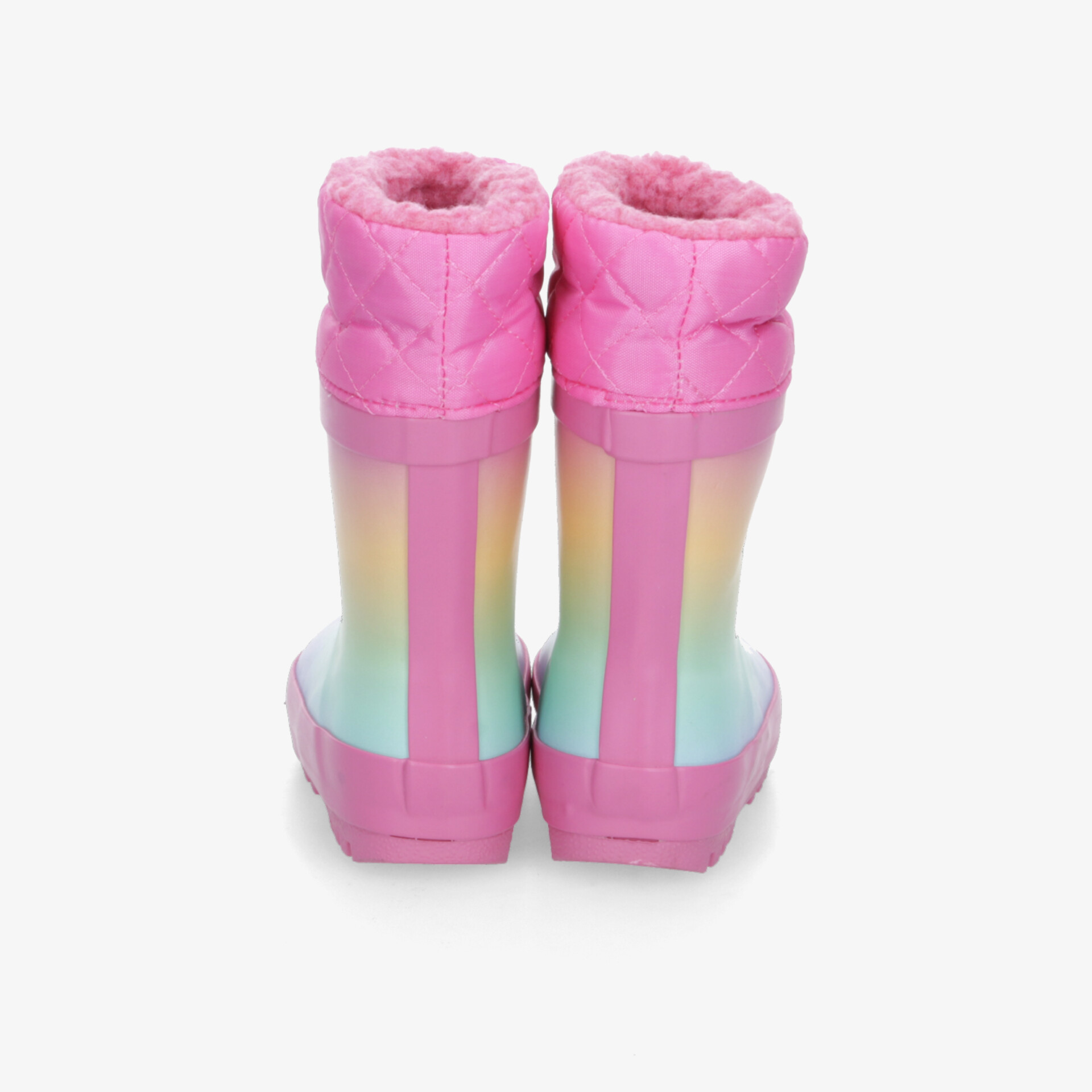 Pastellfarbene Regenstiefel im Paar mit weichem Innenfutter und rutschfester, robuster Sohle in Rückansicht