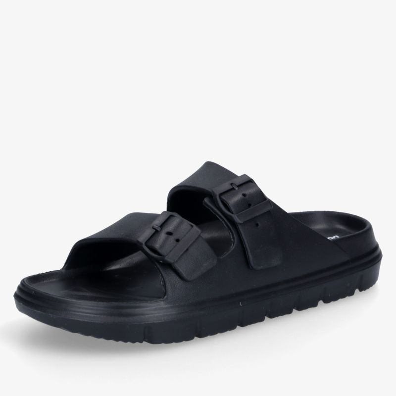 Schwarze Sandale mit zwei verstellbaren Riemen und rutschfester Sohle, flexibel und bequem