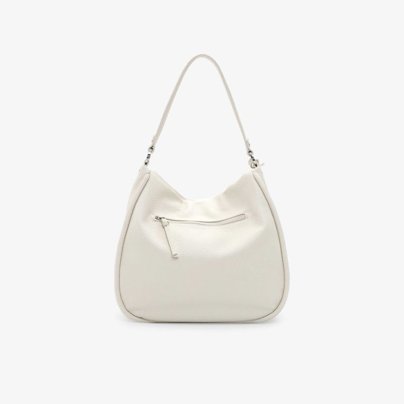 Elegante weiße Handtasche mit weichem Material, praktischem Reißverschlussfach und bequemem Schulterriemen.