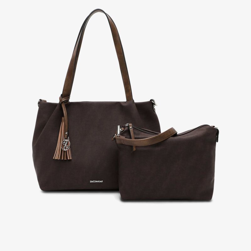 Zwei dunkelbraune Taschen im Set mit Quaste, strukturierter Oberfläche und praktischem Design für den Alltag