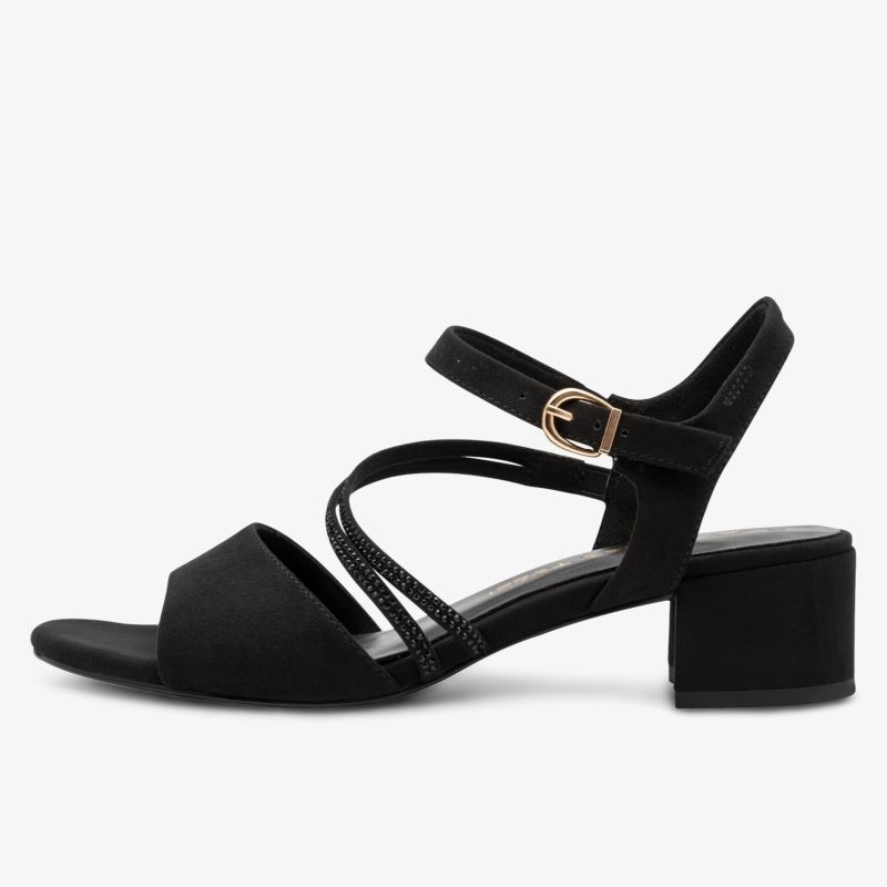 Elegante schwarze Sandale mit niedrigem Blockabsatz und verstellbarem Riemen für hohen Tragekomfort