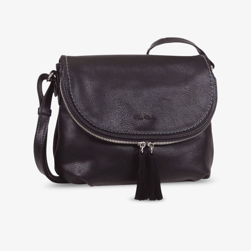 Stylische schwarze Umhängetasche aus Lederoptik mit Quaste und Reißverschluss für vielseitigen Einsatz.