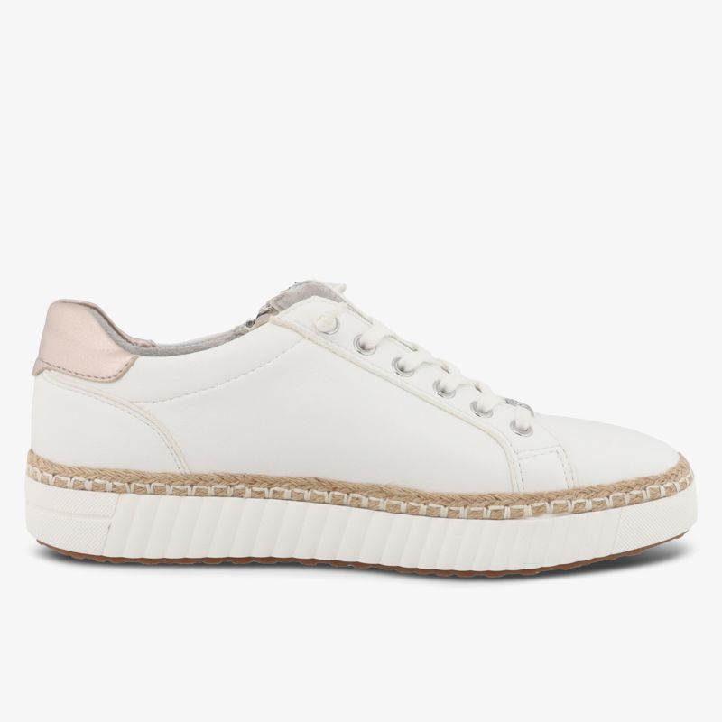 Seitliche Ansicht eines weißen Sneakers mit bequemer, stabiler Sohle und modernem, sportlichem Design