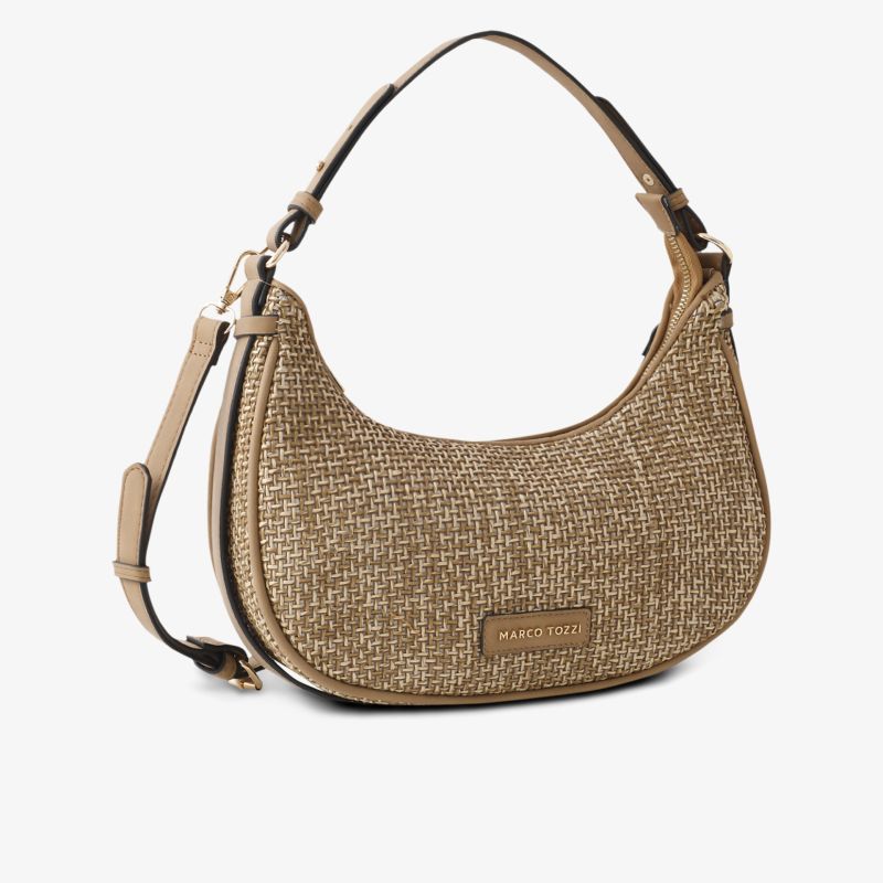 Beige gewebte kompakte Handtasche mit kurzem Griff, stilvolles Design und angenehmer Tragbarkeit