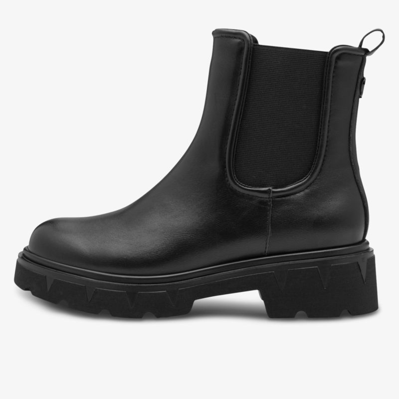 Schwarzer Lederstiefel mit elastischem Einsatz und robuster Profilsohle für modernen und bequemen Tragekomfort