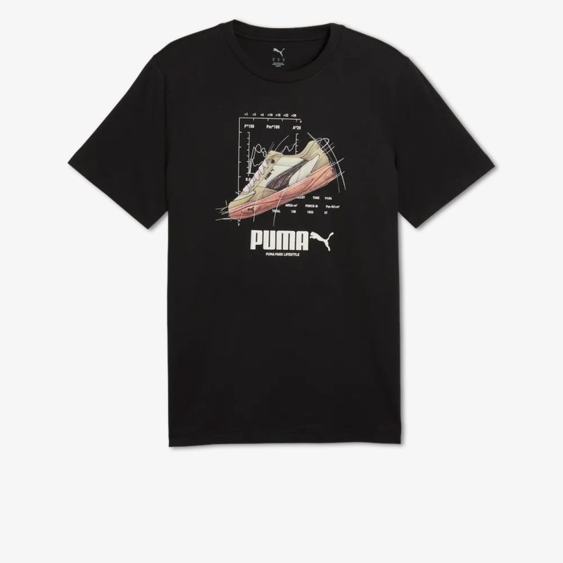 Schwarzes Puma T-Shirt mit modischem Grafikdruck für lässigen und bequemen Style