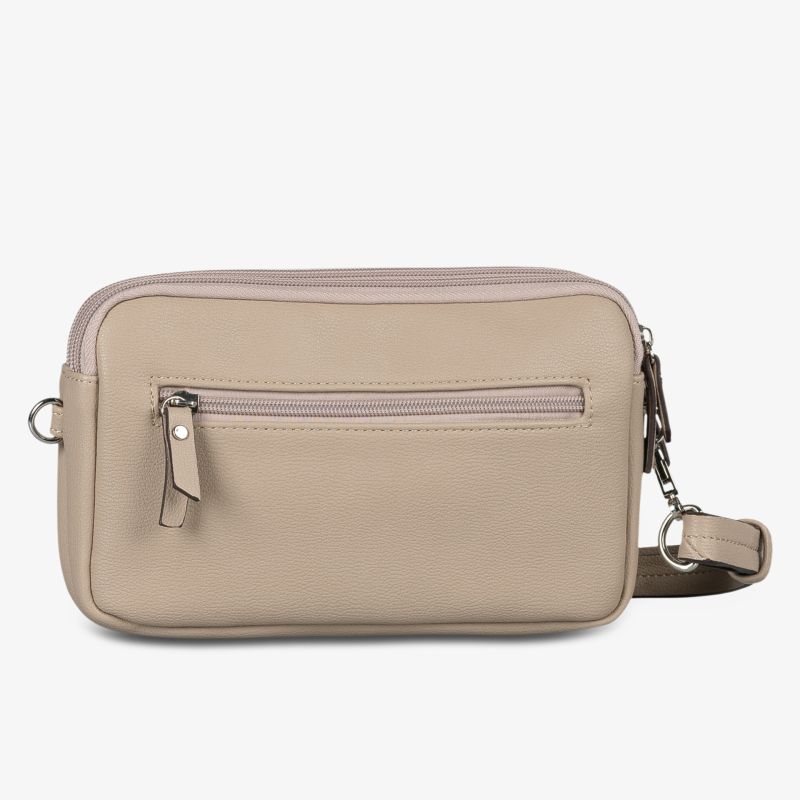 Beige kompakte Umhängetasche mit Reißverschlussfach und verstellbarem Schulterriemen aus glattem Material