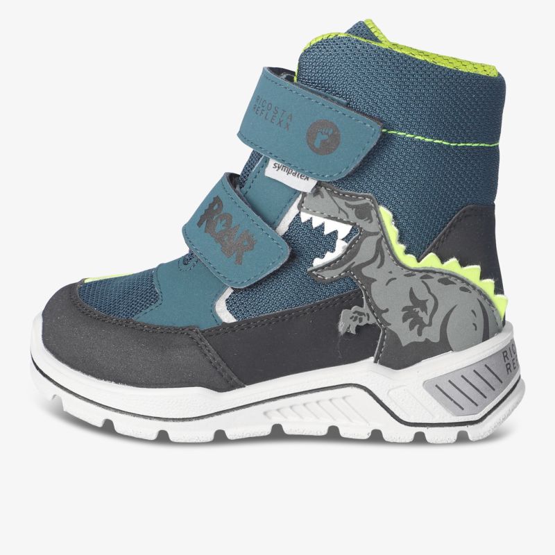 Robuster Kinderschuh mit hohem Schaft und Klettverschlüssen, griffige Sohle, Dinosaurier Motiv seitlich