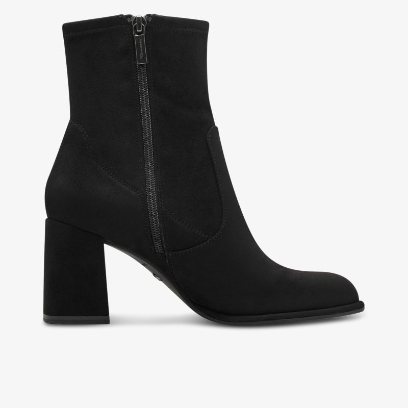 Schwarzer Stiefel mit robustem Blockabsatz und seitlichem Reißverschluss, elegante Seitenansicht