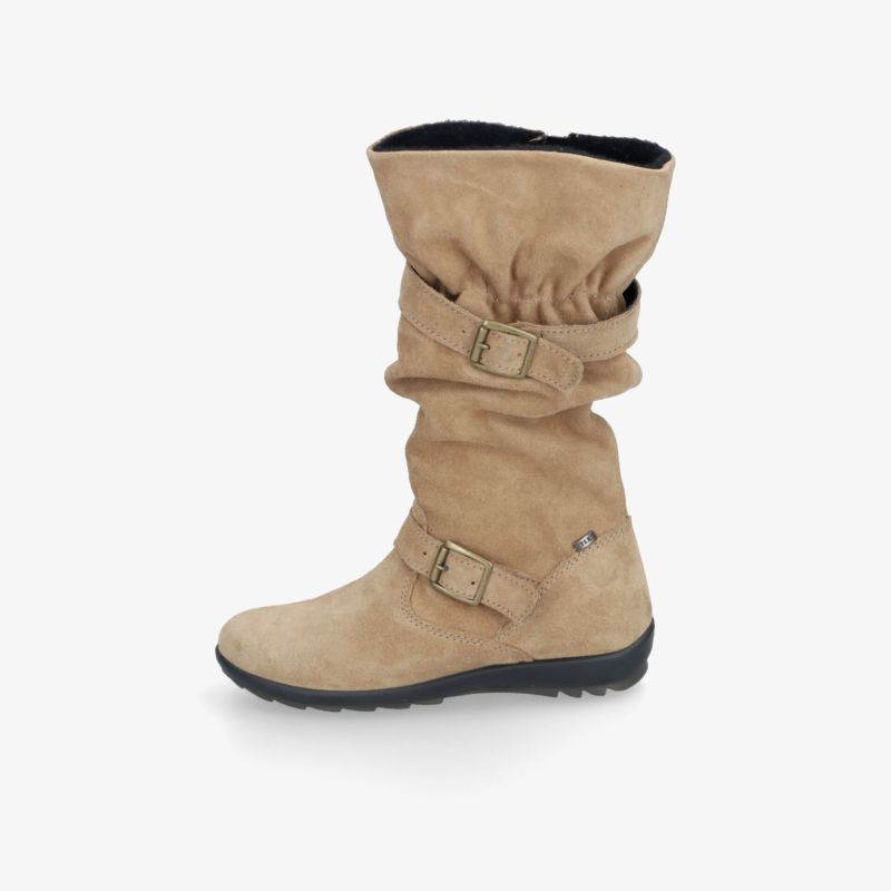 Beiger Stiefel mit weichem Material und verstellbaren Schnallen, flache bequeme Sohle, seitliche Ansicht