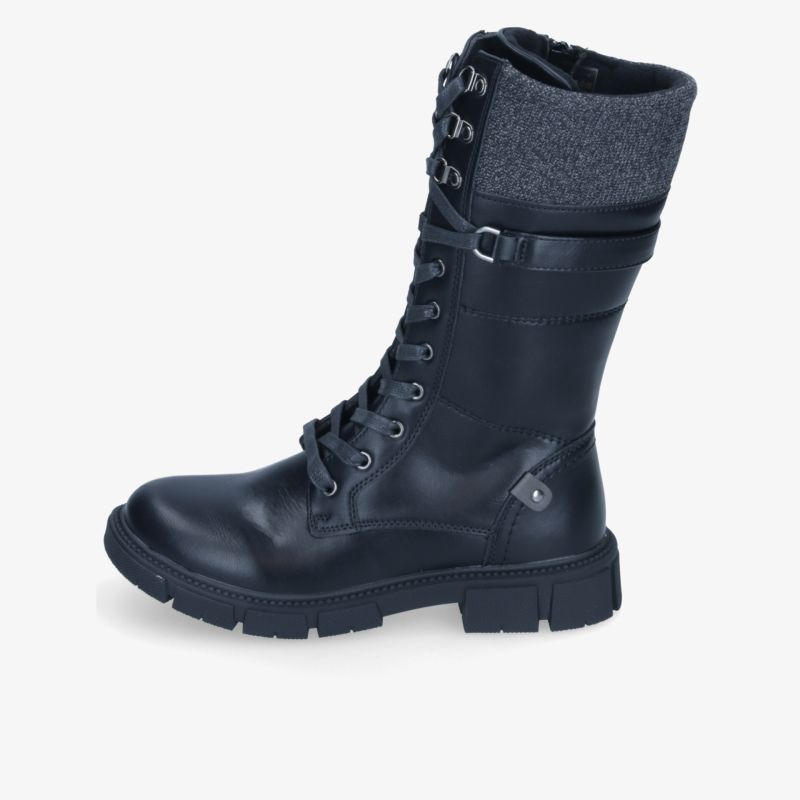 Robuster schwarzer Stiefel mit hoher Schnürung, gepolstertem Schaft und rutschfester Sohle für sicheren Halt