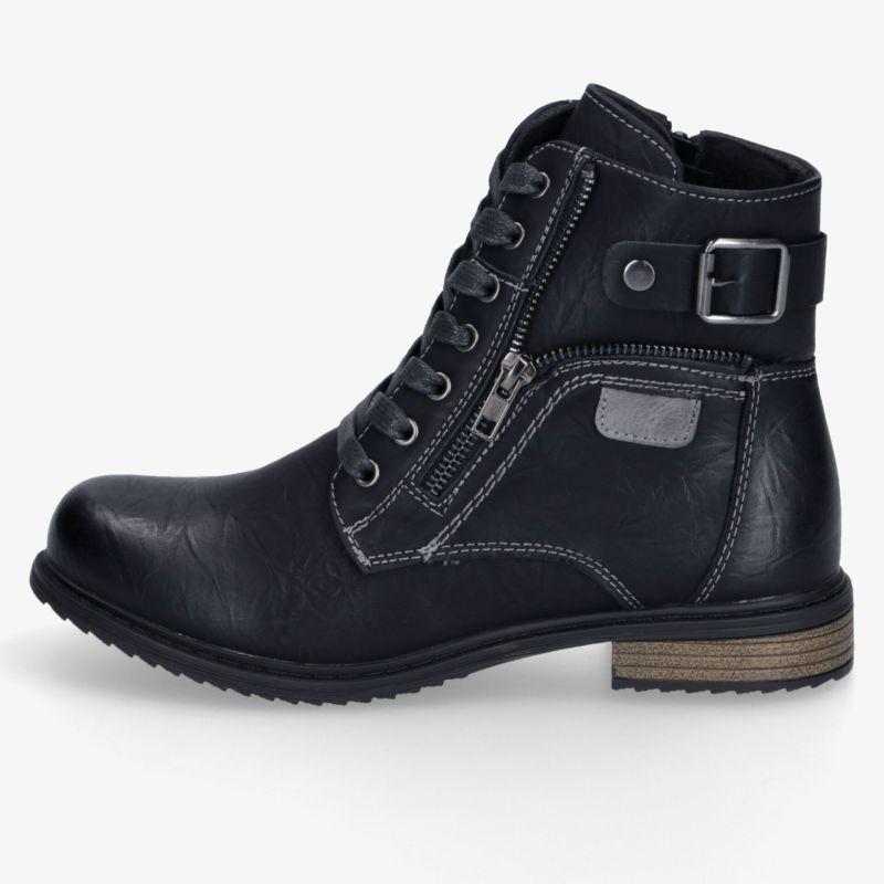 Schwarzer robuster Stiefel mit Reißverschluss und Schnalle, seitliche Ansicht, bequem und langlebig
