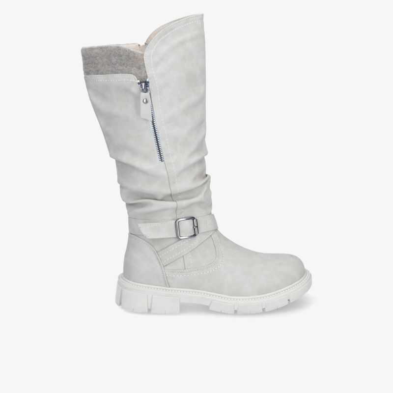 Hochwertiger grauer Stiefel mit robustem Schnitt, bequemer Sohle und modischem Design, seitliche Ansicht