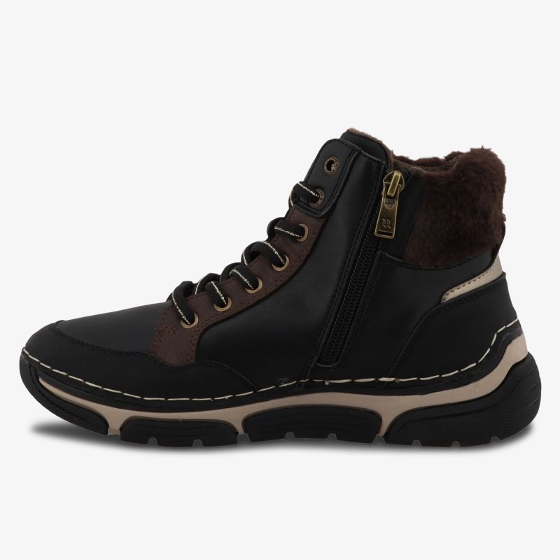 Seitliche Ansicht eines wasserdichten, warm gefütterten Schuhs mit robustem Profil und Reißverschluss