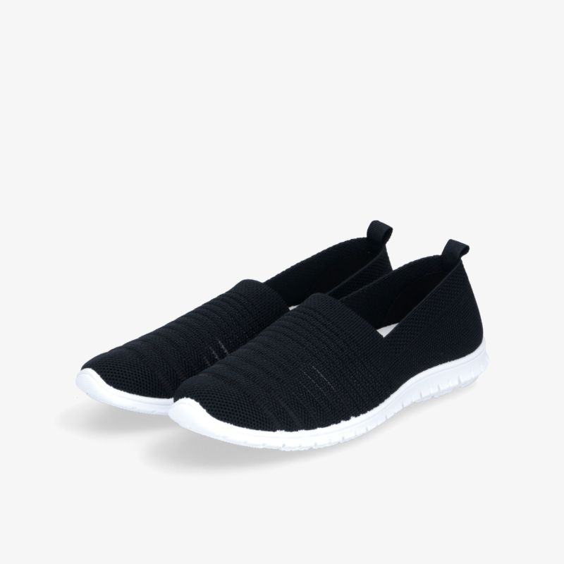 Schwarze Slip-On Sneaker mit weißer Sohle, leicht, atmungsaktiv und flexibel für bequemen Tragekomfort