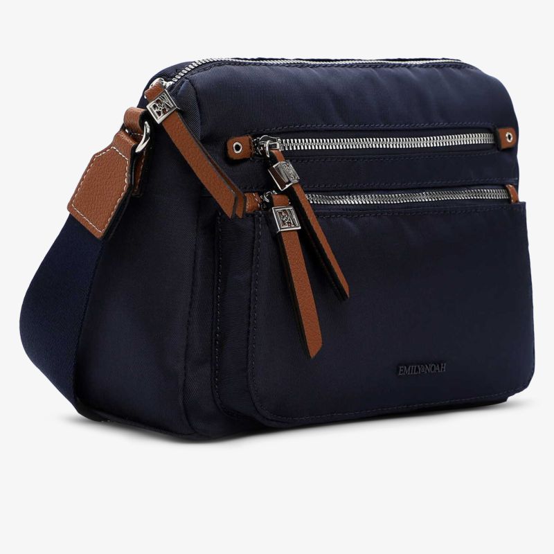 Kompakte Handtasche mit robustem Material, drei Reißverschlusstaschen und verstellbarem Tragegurt