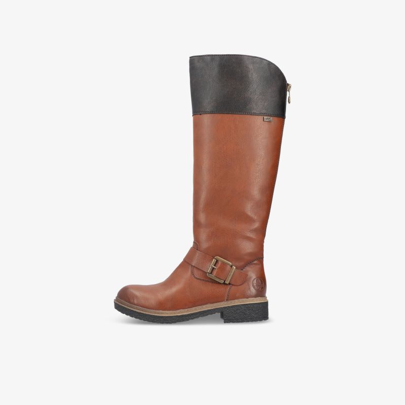 Seitenansicht eines kniehohen Stiefels aus braunem und schwarzem Leder mit Schnalle und stabilem Absatz