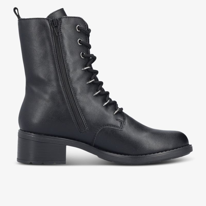 Schwarzer Schnürstiefel mit Reißverschluss und robustem Blockabsatz aus glattem Leder in seitlicher Ansicht