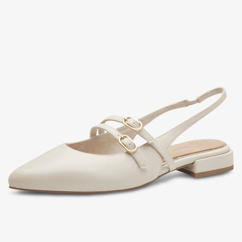Eleganter Slingback-Schuh mit flachen Absätzen und zweifachen Schnallen in Creme