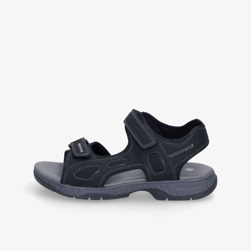 Bequeme schwarze Sandale mit verstellbaren Klettverschlüssen und rutschfester ergonomischer Sohle seitlich abgebildet