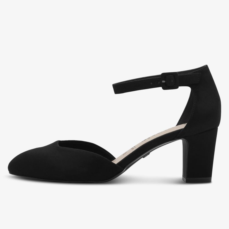 Eleganter schwarzer Schuh mit mittelhohem Absatz und verstellbarem Riemen für bequemen Halt