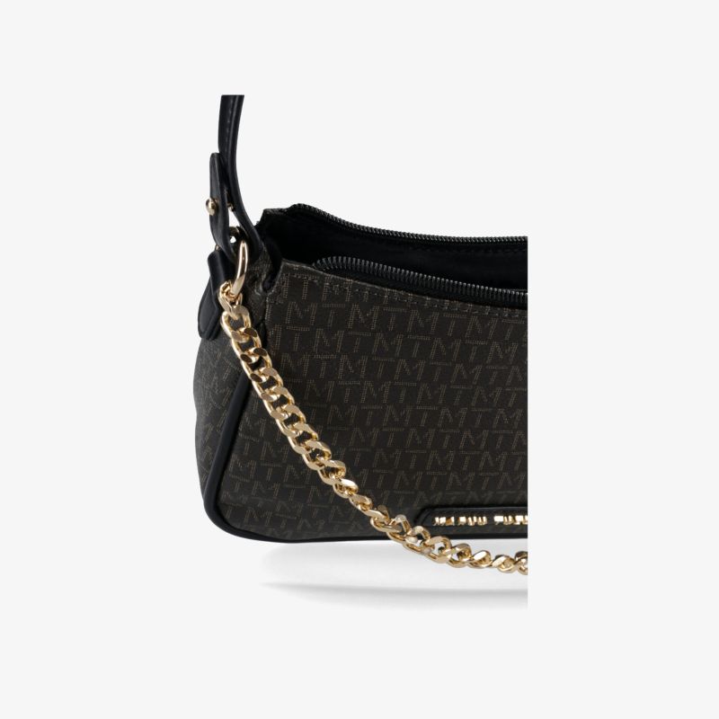 Detailaufnahme einer schwarzen eleganten Handtasche mit goldfarbener Kette und Reißverschluss