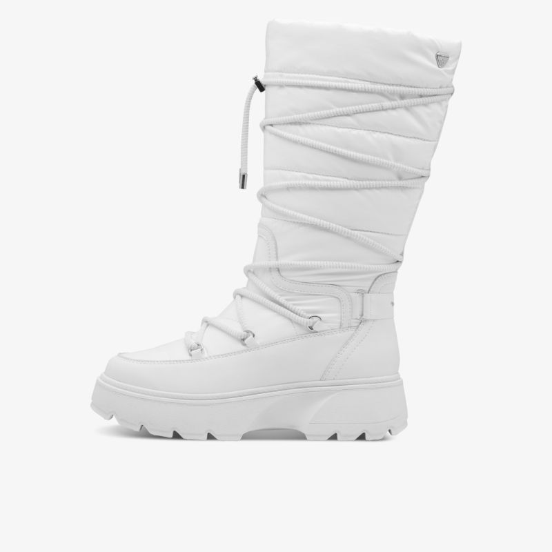 Funktionaler weißer Winterstiefel mit hohem Schaft und robuster profilierter Sohle für kalte Tage