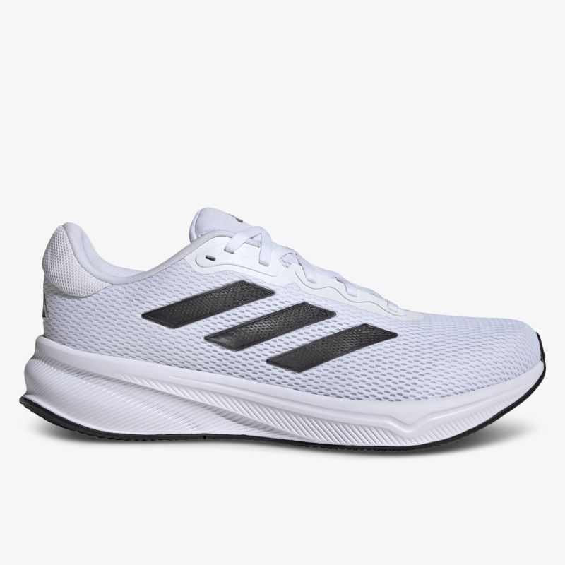 Leichter weißer Laufschuh mit atmungsaktivem Obermaterial und strapazierfähiger, bequemer Sohle seitliche Ansicht