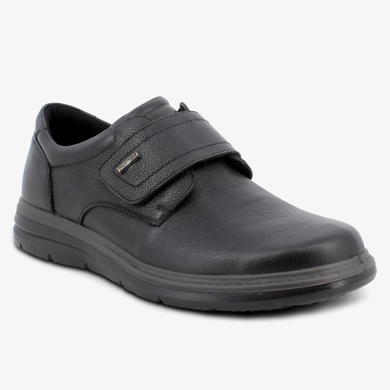 Bequemer schwarzer Lederschuh mit verstellbarem Klettverschluss und rutschfester Sohle für hohen Tragekomfort