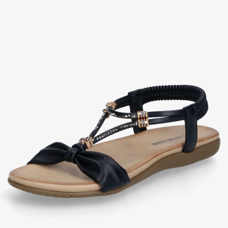 Elegante schwarze Sandale mit Schleifen-Design, verstellbaren Riemchen und flacher, bequemer Sohle