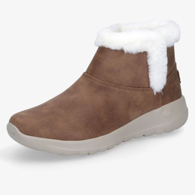 Warmer brauner Winterstiefel mit weichem weißem Innenfutter, bequemer Sohle und rutschfester Außenseite, seitliche Ansicht