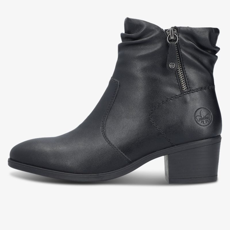 Eleganter schwarzer Boot mit Reißverschluss und mittelhohem Absatz, weiches und bequemes Material, seitliche Ansicht