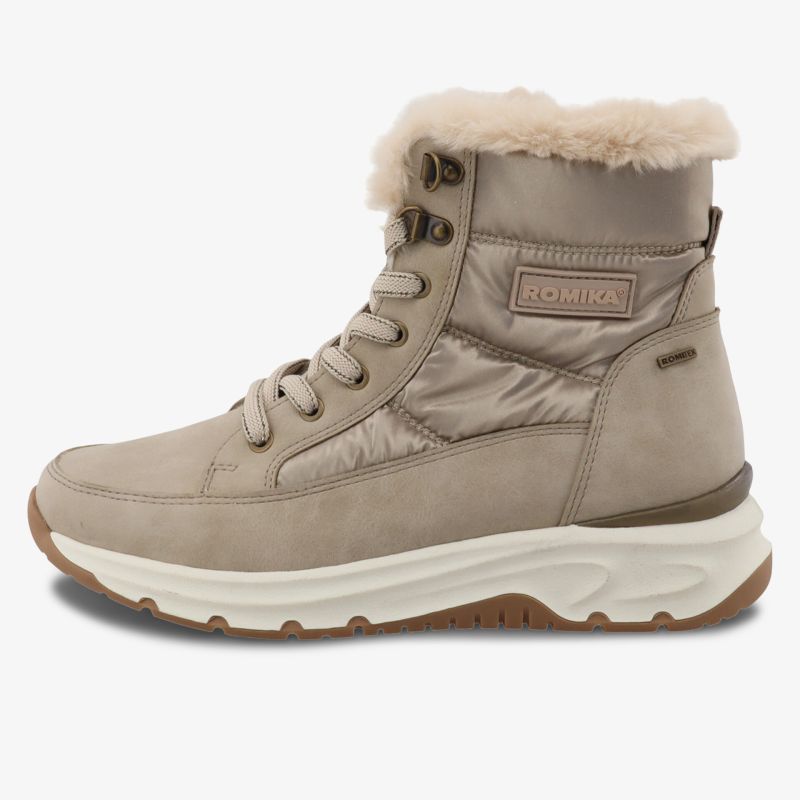 Seitliche Ansicht eines warm gefütterten und wasserabweisenden Winterschuhs mit robuster Sohle und bequemer Polsterung