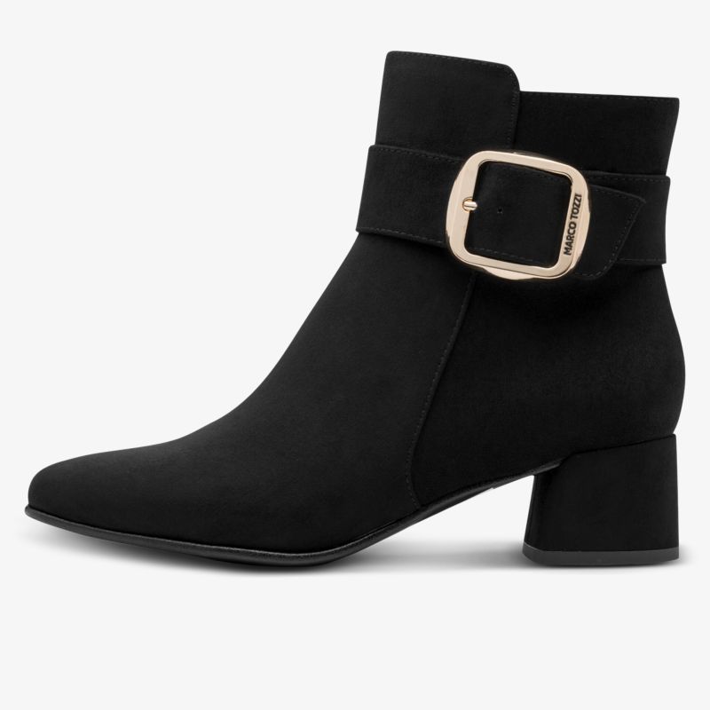 Schwarzer Stiefelette mit breitem Riemen und goldfarbener Schnalle, komfortabler Blockabsatz, seitliche Ansicht