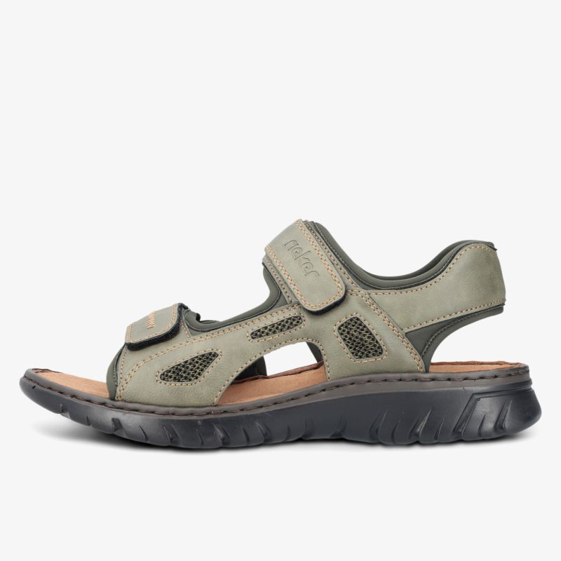 Bequeme Sandale mit verstellbaren Klettverschlüssen, atmungsaktivem Obermaterial und rutschfester Sohle, seitliche Ansicht