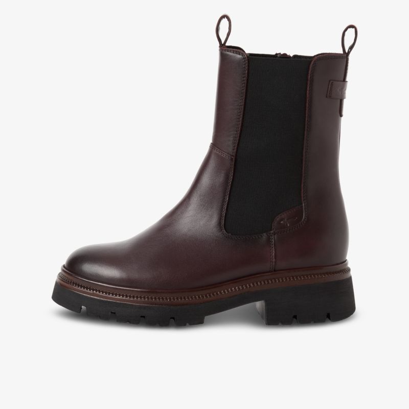 Dunkelbraune Lederstiefelette mit robustem Profil, elastischem Einsatz und bequemer Gummisohle