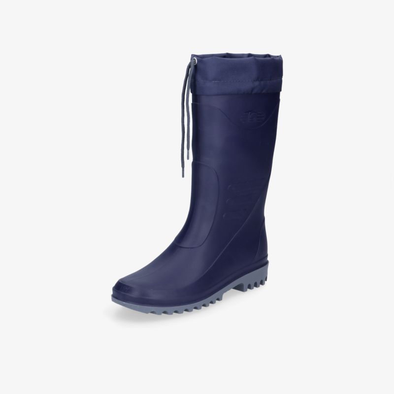 Dunkelblauer hoher wasserdichter Stiefel mit robuster Sohle und schnürbarem Schaft für sicheren Halt