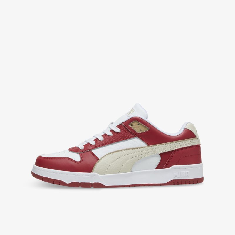 Sportlicher Schuh in Rot und Weiß mit strapazierfähigem Material und rutschfester Sohle, seitliche Ansicht