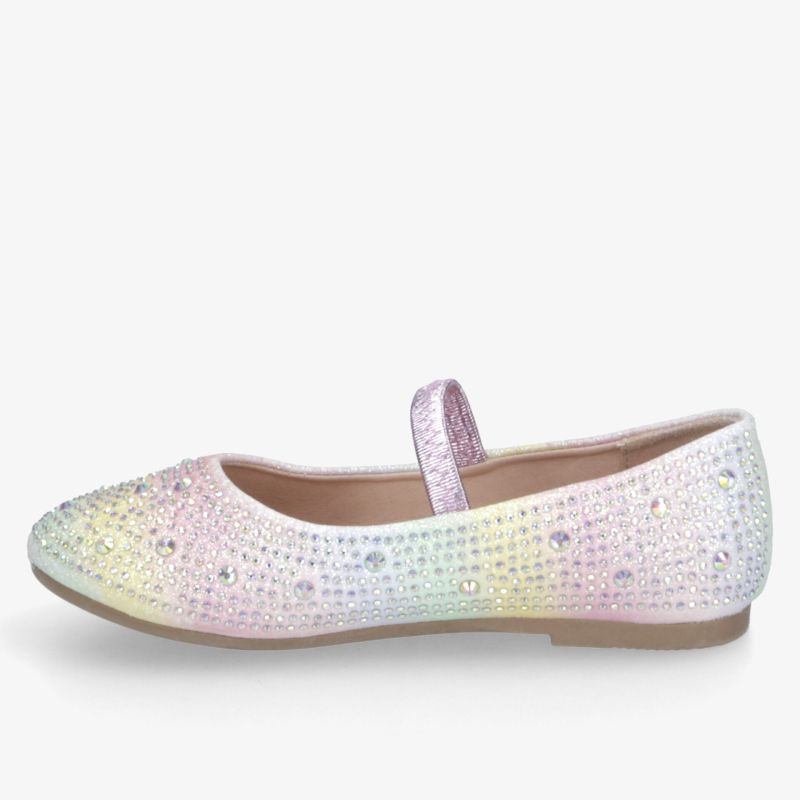 Eleganter, glitzernder Schuh mit buntem Design und flachem Absatz für stilvollen Komfort.