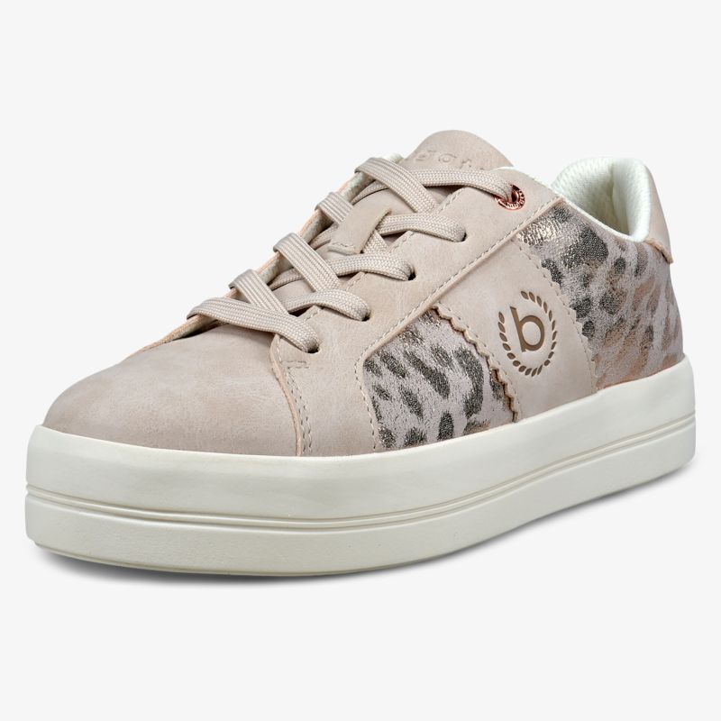 Bequeme beige Sneakers mit trendigem Leopard-Fellmuster und robuster Schnürung.