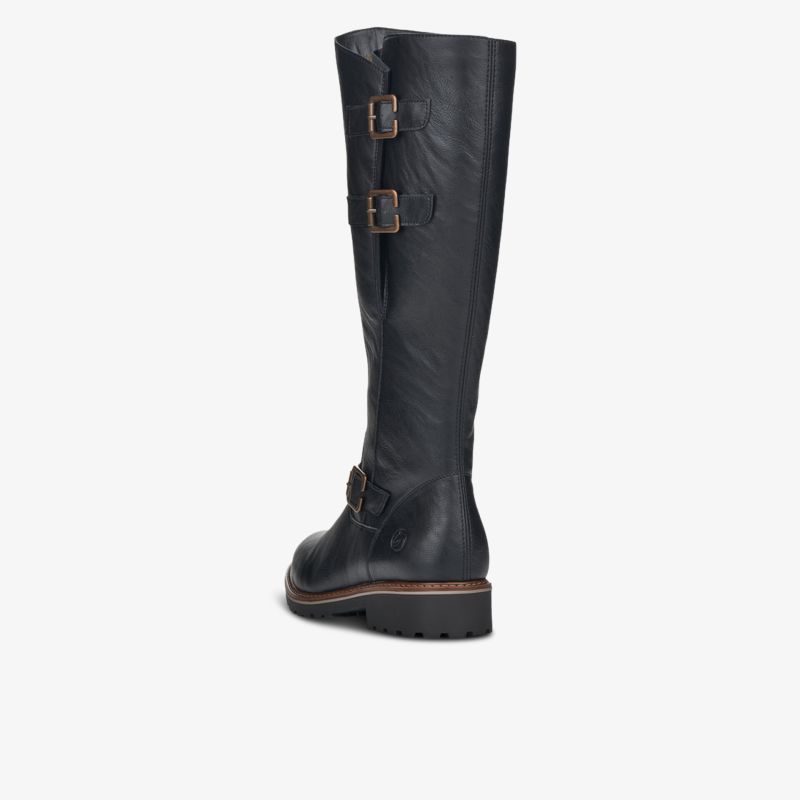 Eleganter schwarzer Stiefel mit verstellbaren Schnallen und robuster, komfortabler Sohle seitliche Ansicht