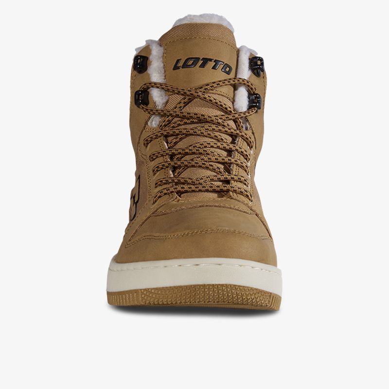 Robuster brauner Schuh mit bequemer Passform und rutschfester Sohle, sichtbare Schnürsenkel von vorne