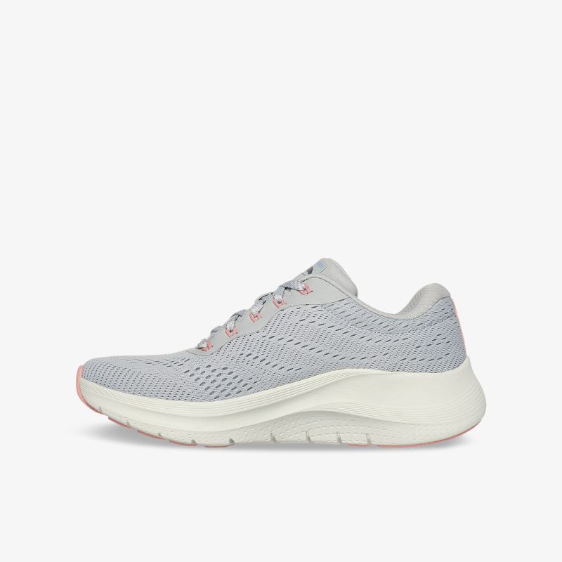 Moderner, leichter grauer Sneaker mit atmungsaktivem Material und flexibler, gepolsterter Sohle, seitliche Ansicht