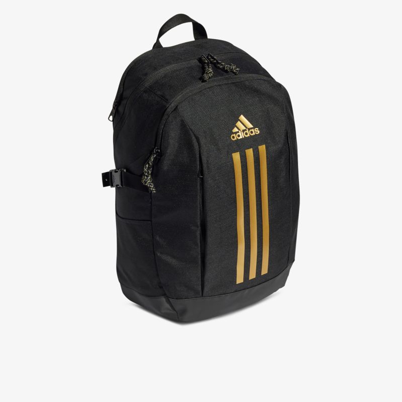Sportlicher schwarzer Rucksack mit goldenen Streifen, robust und geräumig für Alltag und Freizeit