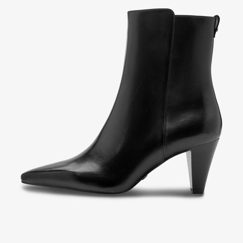 Schwarzer Stiefeletten-Schuh mit spitzer Vorderseite und mittelhohem Absatz, elegantes Design