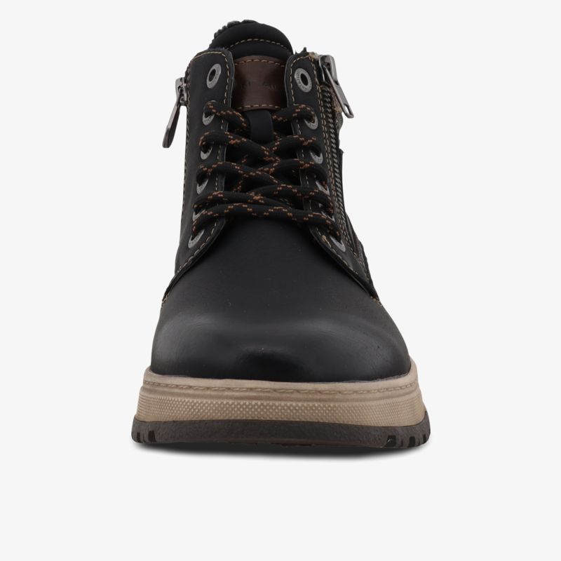 Robuste schwarze Schnürboots mit Reißverschluss und komfortabler stoßdämpfender Sohle, Frontansicht