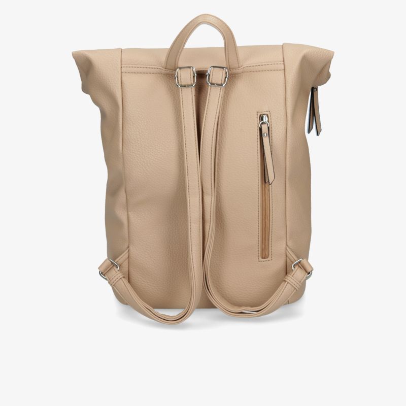 Beiger Rucksack mit gepolsterten Schulterriemen und robustem Reißverschluss in Rückansicht